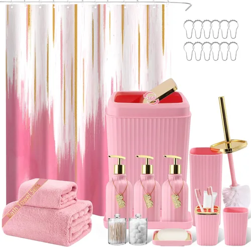 Miniatura 37 de 21PCS Bathroom Sets with Shower Curtain and Rugs Bathroom Accessories Set Beige Bathroom Set Complete with Trash Can, Toilet Brush, Qtip Holder &