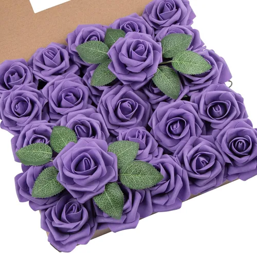 Miniatura 22 de DuHouse 25 rosas artificiales con tallos, flores de espuma de tacto real para bricolaje, ramo de boda, centro de mesa, arreglo floral, fiesta, Verde
