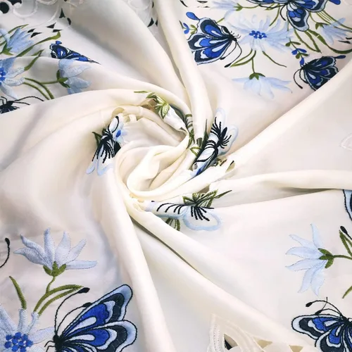 Miniatura 5 de LeLehome Mantel cuadrado bordado de 33 pulgadas, mantel pequeño de encaje floral clásico vintage con diseño de mariposa azul beige