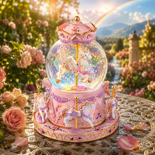 Globo mágico de nieve de unicornio con música "Somewhere Over the Rainbow", caja de música de carrusel giratorio, luces LED y nieve con purpurina,