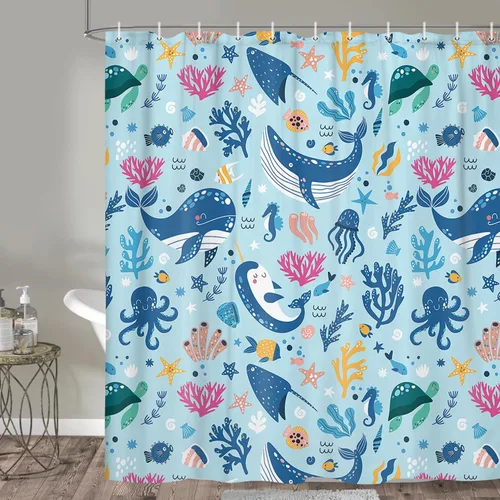 Miniatura 2 de Cortina de ducha náutica para niños, azul bohemio, océano, tiburón, abstracto, dibujos animados, decoración de baño, con cortinas de ducha de tela