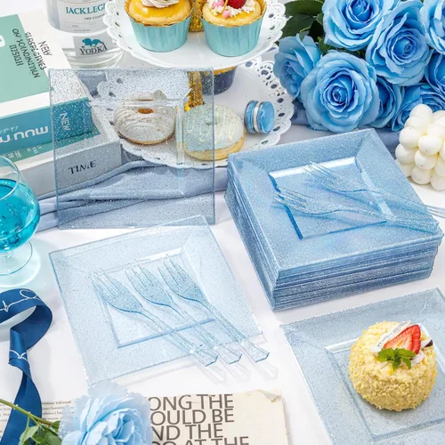 Miniatura 5 de DaYammi 100 platos de postre con purpurina azul, que incluyen 50 platos de aperitivo de 6 pulgadas y 50 tenedores de plástico de 5.7 pulgadas, plato