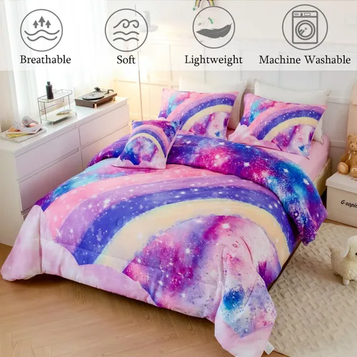 Miniatura 3 de ANGIYUIN Juego de ropa de cama de 6 piezas rosa tamaño completo en una bolsa para niñas, juego de edredón 3D de color arcoíris con ataduras, ropa