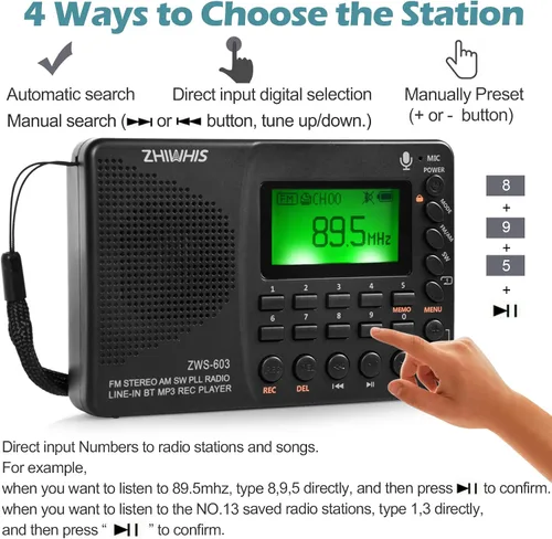 Miniatura 3 de ZHIWHIS Radio Bluetooth portátil, radios FM AM de onda corta con temporizador de sueño y función preestablecida, grabadora digital recargable