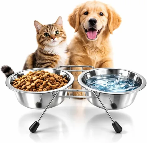 Cuencos para mascotas para perros y gatos, con 2 cuencos, base de soporte de hierro, soporte de doble tazón, dos de acero extraíbles (7 onzas)