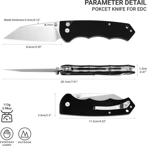 Miniatura 5 de Cuchillo plegable de bolsillo, hoja D2 de 3.39 pulgadas, acabado lavado a la piedra, cuchillo EDC para hombres y mujeres con mango G10, campamento