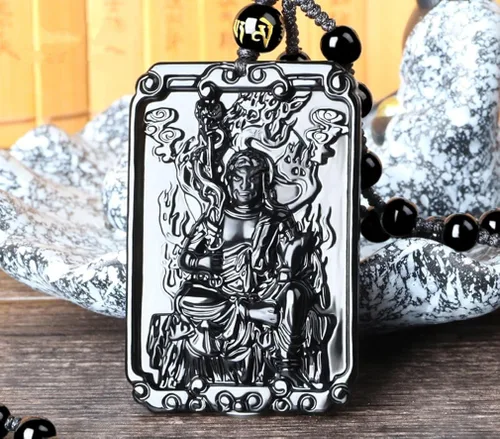 Miniatura 4 de Sánscrito de obsidiana genuina tallada a mano collar de Buda inamovible, collar de amuleto, Obsidiana