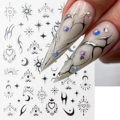 Miniatura 11 de Calcomanías líquidas para arte de uñas, diseño de mariposa, negro, plateado, mariposa, luna, 3D, autoadhesivas, suministros de arte de uñas