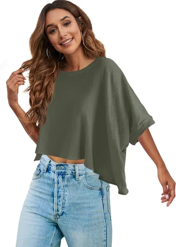 Miniatura 4 de LAMISSCHE Camiseta corta sexy de gran tamaño con cuello redondo y manga corta para mujer, camisetas básicas sólidas
