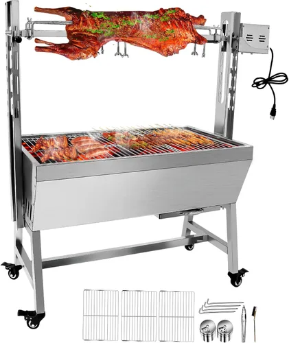 Miniatura 7 de Parrilla asadora de acero inoxidable con protector de cubierta trasera, capacidad de 176 libras, motor de 25 W, asador de cordero pequeño de cerdo