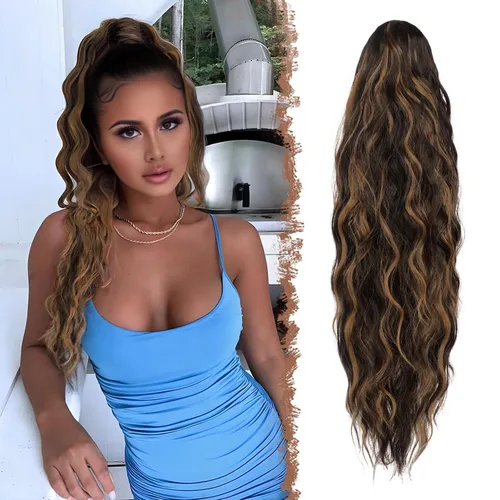 Miniatura 27 de FESHFEN Extensiones de cola de caballo – 26 pulgadas cordón largo rizado ondulado clip en colas de caballo pelo sintético extensiones de cola