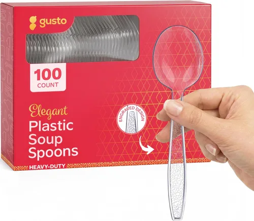 Miniatura 9 de GUSTO [Paquete de 100] Tenedores de plástico transparente pesado con diseño grabado, utensilios de plástico resistentes desechables para fiestas