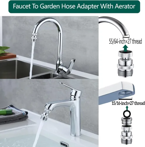 Miniatura 2 de Adaptador de grifo a manguera de jardín SNUTUYA, adaptador de manguera de jardín de latón de 3/4 pulgadas con aireador, giro de 360 grados