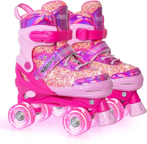 Nattork Patines de ruedas para niñas y niños, 4 tamaños ajustables para niñas de 3 a 12 años con ruedas iluminadas y protección de seguridad, regalo