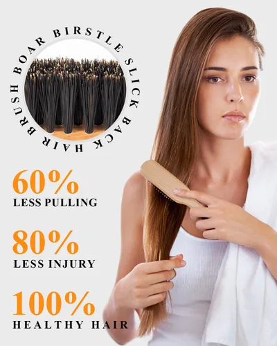 Miniatura 6 de Cepillo de pelo 100 % con cerdas de jabalí Mango de madera de melocotón natural Restaura el brillo, controla el encrespamiento, suaviza