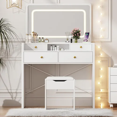 Miniatura 9 de Escritorio de tocador con espejo y luces, mesa de tocador de maquillaje con 5 cajones, taburete de almacenamiento, espejo grande para dormitorio