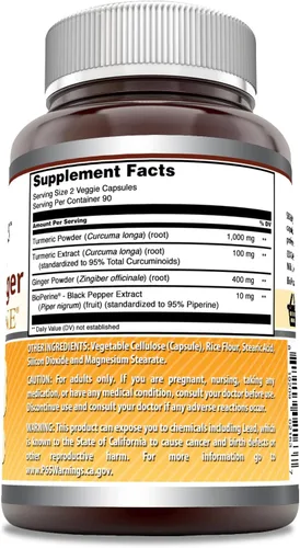 Miniatura 3 de Amazing Formulas Curcumina de cúrcuma y jengibre con suplemento BioPerine 1500 mg por porción 180 cápsulas vegetales Sin OMG Sin gluten