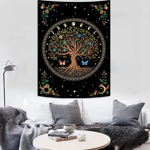 Miniatura 4 de Lunerfex Tapiz de árbol de la vida, tapiz de pared de fase lunar, tapices verdes para dormitorio, techo, tapices para colgar en la pared