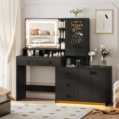 Miniatura 10 de Vabches Escritorio grande de tocador de 59 pulgadas con espejo y luces, mesa de tocador de maquillaje blanca con gabinete de joyería y 7 cajones