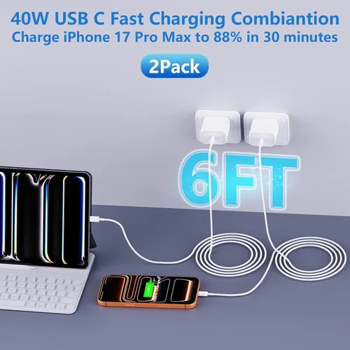 Miniatura 8 de Cargador para iPhone 17 Pro Max de carga rápida, adaptador de corriente dinámica de 40 W con cable USB-C de 60 W tejido máximo de 6 pies