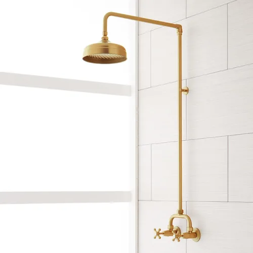 Signature Hardware 922235 Baudette - Sistema de ducha de tubería expuesta con cabezal de ducha tipo lluvia, brazo de ducha y asas cruzadas, color