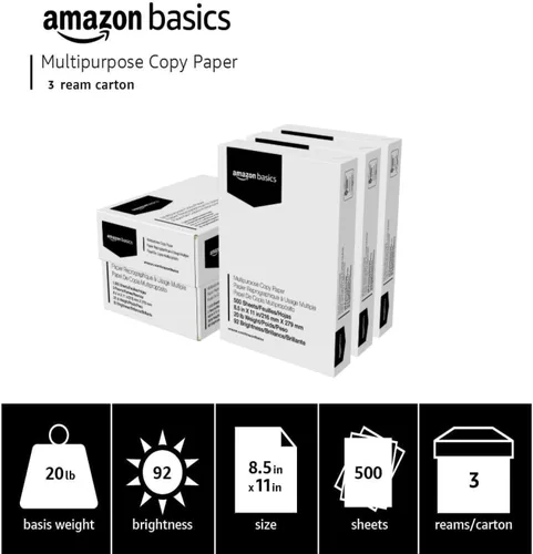 Miniatura 3 de Amazon Basics Papel multipropósito para impresora y copiadora, 20 lb, 8.5 x 11 pulgadas, 3 resmas (1,500 hojas), 92 brillante, blanco