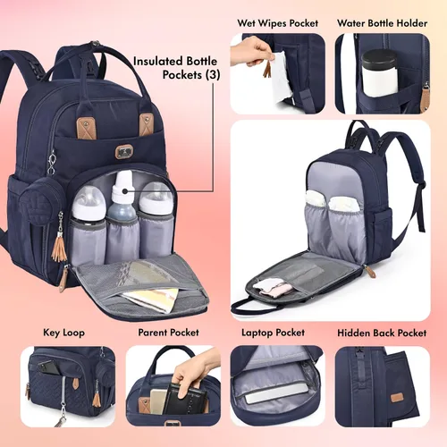 Miniatura 4 de Dikaslon - Mochila para pañales con cambiador portátil, funda para chupete y correas para cochecito, bolsas de bebé unisex grandes para niños y Azul