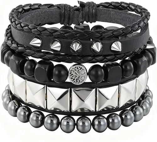 Miniatura 8 de Eigso Juego de pulsera punk de cuero negro para hombres y mujeres clásicas Vintgae tachonadas con picos de los años 80 para hombre y mujer