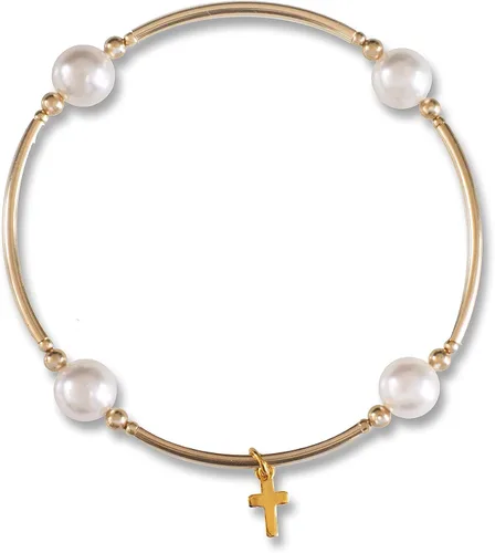Made As Intended Pulsera Blessing de 0.315 in con perlas blancas con tubos rellenos de oro y dije de cruz