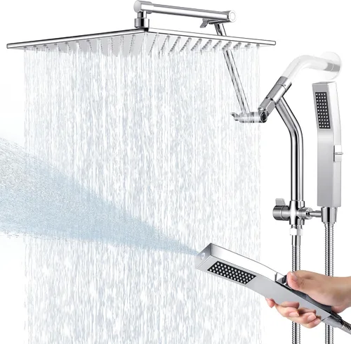 Miniatura 9 de Regadera de lluvia de metal de 12 pulgadas con modo de lavado eléctrico integrado de mano, cabezales de ducha cuadrados de cascada de alta presión