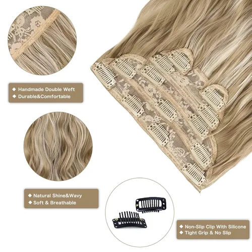 Miniatura 3 de WECAN Extensión de cabello con clip, de 20 pulgadas, mezcla de rubio ceniza y rubio decolorado, 6 piezas, extensiones de cabello largo ondulado