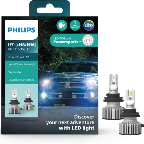 Philips UltinonSport H8/H16 Bombilla LED para Luz Antiniebla y Faros de Motos y Vehículos Deportivos, 2 Unidades