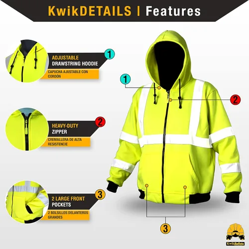 Miniatura 5 de KwikSafety - Charlotte, NC - Sudadera de forro polar de seguridad para hombres Chaqueta reflectante de alta visibilidad y PPE, ligera Amarillo
