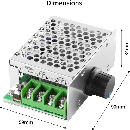 Miniatura 6 de Controlador de velocidad del motor de CC PWM, Enmja 7-70V 30A Regulador de velocidad del motor PWM ajustable 12V 24V 36V 48V