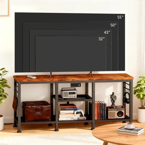 Miniatura 5 de LUCKLIFE Soporte de TV con estación de carga para televisores de hasta 55 pulgadas, centro de entretenimiento de madera rústica con estantes