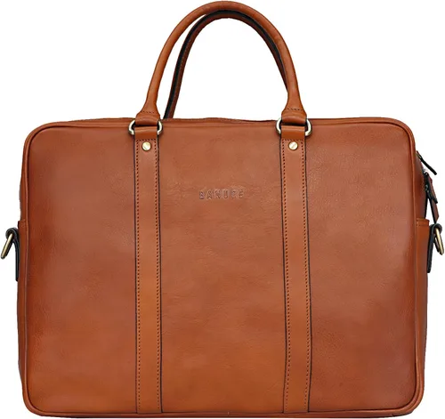 Banuce Maletín de cuero italiano de grano completo para hombre, funda de 14 pulgadas, bolsa de trabajo para laptop, Beige, Maletín de cuero estilo