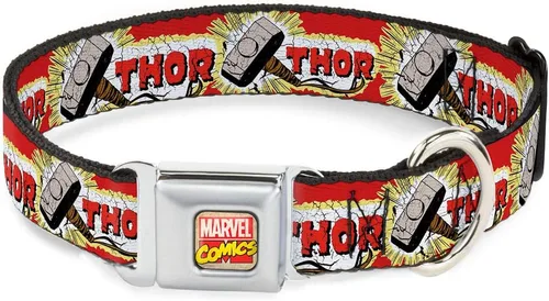 Buckle-Down Collar de perro hebilla de cinturón de seguridad Thor Hammer rojo amarillo blanco 9 a 15 pulgadas 1.0 pulgadas de ancho, multicolor