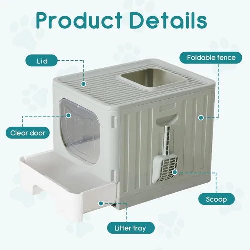 Miniatura 5 de OLIXIS Caja de arena para gatos con tapa, caja grande plegable para gatos con cuchara de arena, caja de arena para gatos con salida superior