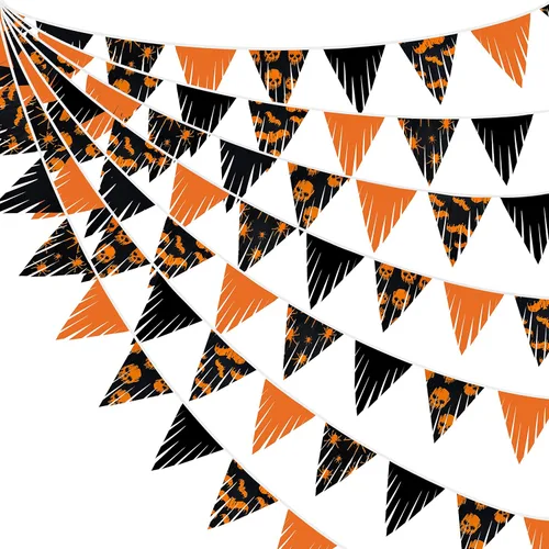 Miniatura 13 de Decoraciones de fiesta de Halloween naranja y negro de 32 pies, banderines de tela de araña, calavera y murciélagos, banderines triangulares