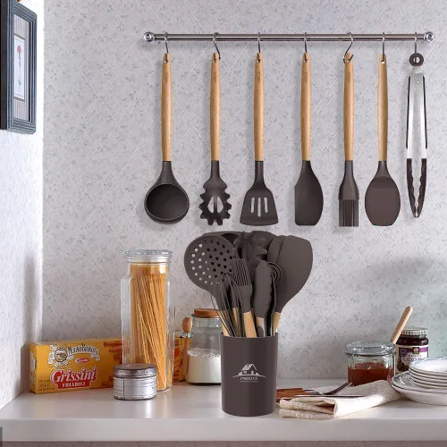 Miniatura 7 de MIBOTE Juego de utensilios de cocina de silicona con soporte, mangos de madera, pinzas para voltear, espátula, cuchara, utensilios de cocina