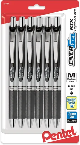 Pentel EnerGel RTX - Bolígrafo de gel líquido retráctil, línea mediana, punta de metal, tinta negra, paquete de 6 unidades (BL77BP6A)