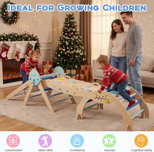 Miniatura 2 de HONEY JOY Pikler - Juego de triángulos plegables 9 en 1 con arco, rampa, cuerda de escalada y escalera, parque infantil interior para bebés, Azul