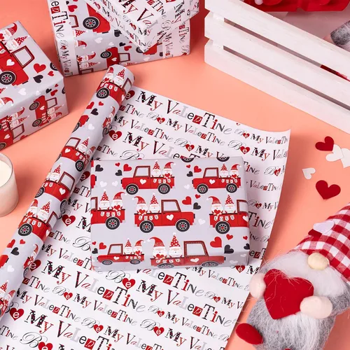 Miniatura 2 de RUSPEPA Rollo de papel de regalo reversible, mini rollo, diseño de pareja de gnomos rojos en camión, ideal para el día de San Valentín, fiesta