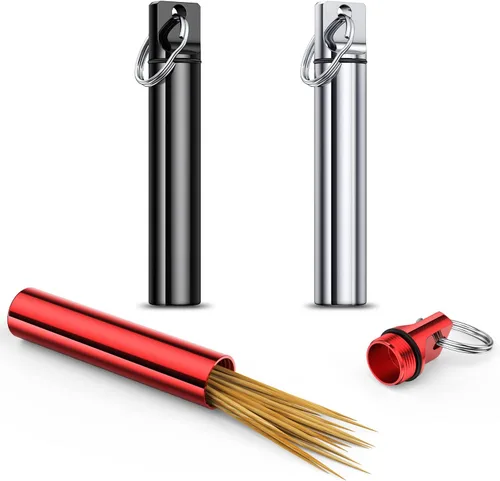 Miniatura 2 de Caja portátil de metal para palillos de dientes, 3 piezas, bolsillo impermeable, contenedor para palillos de dientes con llavero para picnic al aire