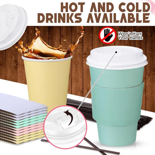 Miniatura 5 de Bokon Paquete de 100 tazas de café desechables de 16 onzas, tazas de café de papel de graduación a granel con tapas, popotes aislados
