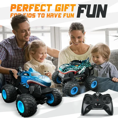 Miniatura 7 de BEZGAR Monster Truck Toys - Camiones monstruo a control remoto con luz y música, juguetes de dinosaurios para niños, camión RC a escala 1:20 con Dos