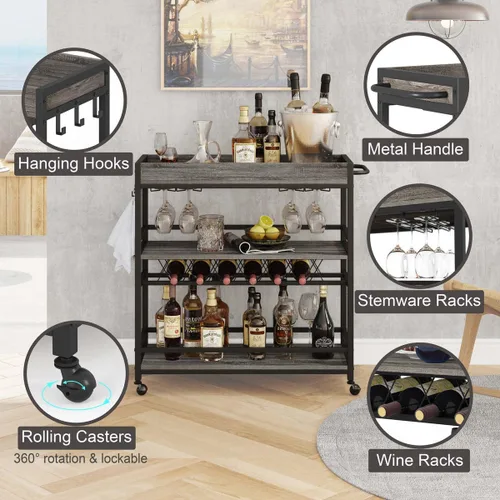 Miniatura 3 de BON AUGURE Carrito de Bar, Carrito de Servicio de Bar para el Hogar con Ruedas, Carrito de Bebidas Móvil de 3 Niveles con Estante para Vino