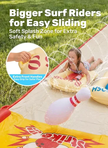 Miniatura 5 de Sloosh Juego de bolos de tobogán acuático de 20 pies, toboganes de agua y 2 bodyboards de verano con rociador integrado para diversión al aire libre