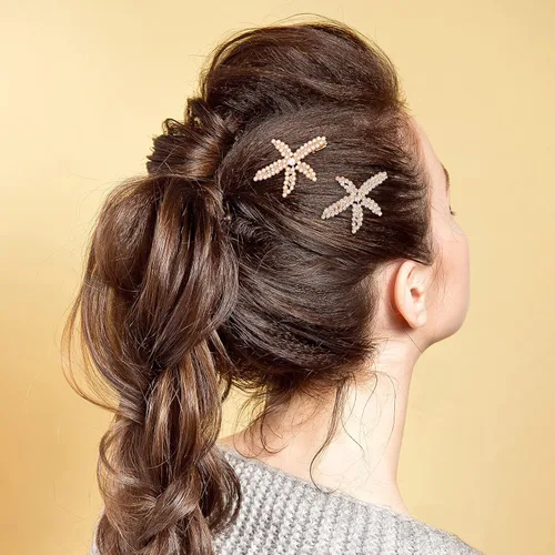 Miniatura 4 de PAGOW 3 pinzas para el cabello con estrellas de mar, pinzas de cristal con perlas de diamantes de imitación doradas, soporte para cola de caballo
