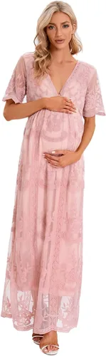 Miniatura 4 de ZIUMUDY Vestido de novia de maternidad con cuello en V y encaje floral de manga corta para sesión de fotos, baby shower